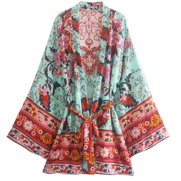 Tops - Floral Print Belted Kimono Cover up
